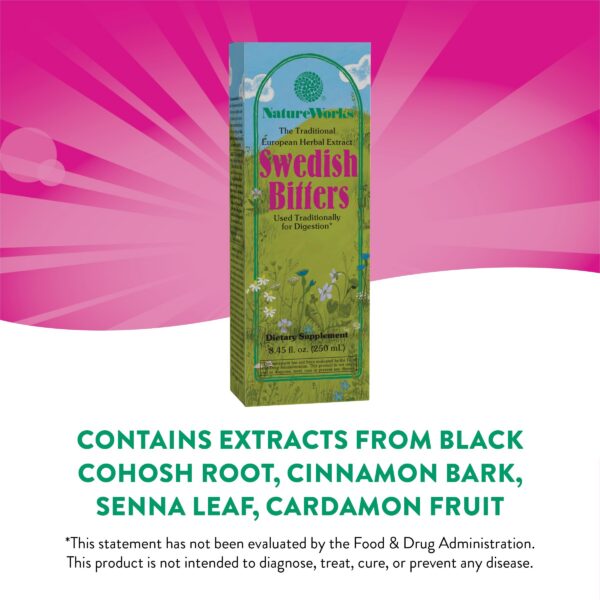 Extracto herbal Swedish Bitters NatureWorks parte superior botella