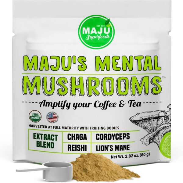 Extracto de hongos orgánicos Maju Superfoods Lions Mane y Chaga para energía