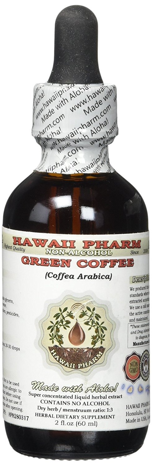 Extracto líquido café verde sin alcohol Hawaii Pharm botella 2 oz frontal
