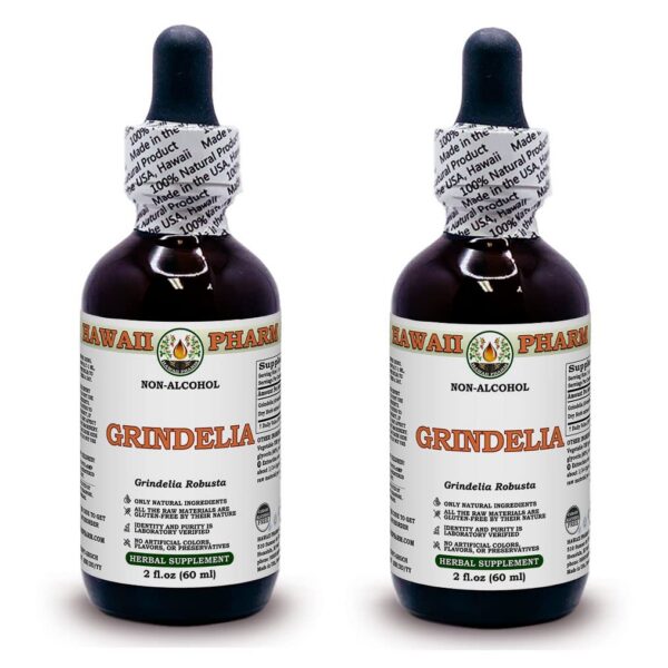 Version 1.0.0 Extracto líquido sin alcohol Grindelia Hawaii Pharm botella frontal