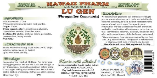 Version 1.0.0 Extracto natural sin alcohol Lu Gen de Hawaii Pharm en frasco