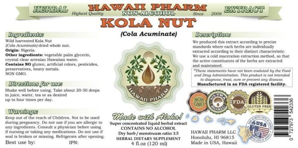 Detalle frontal etiqueta extracto Nuez de Kola Hawaii Pharm