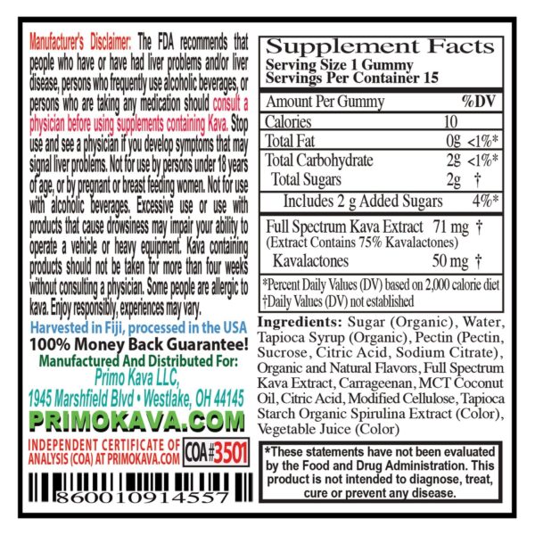 Extracto raíz Kava Kava Fiji en gomitas sabor root beer 50mg kavalactonas