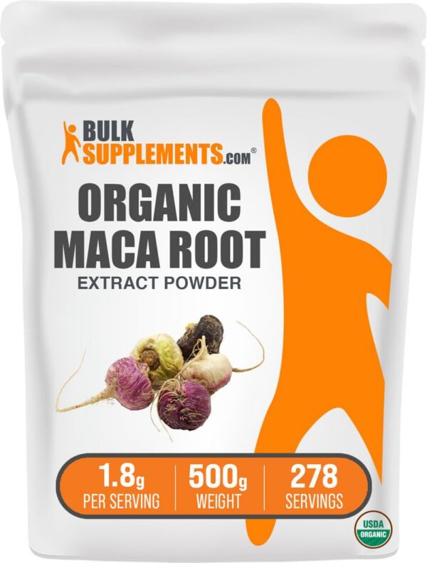Polvo de extracto de raíz de maca orgánica BulkSupplements en empaque