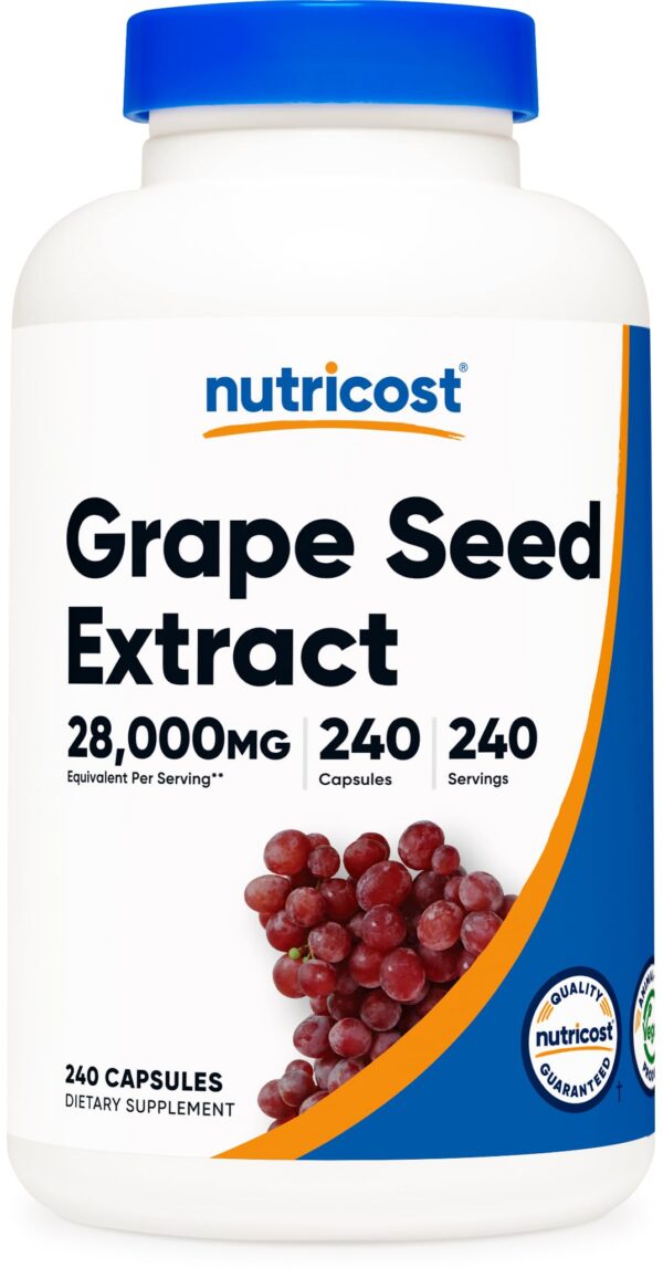 Extracto de semilla de uva Nutricost 28,000 mg frasco con cápsulas vegetales