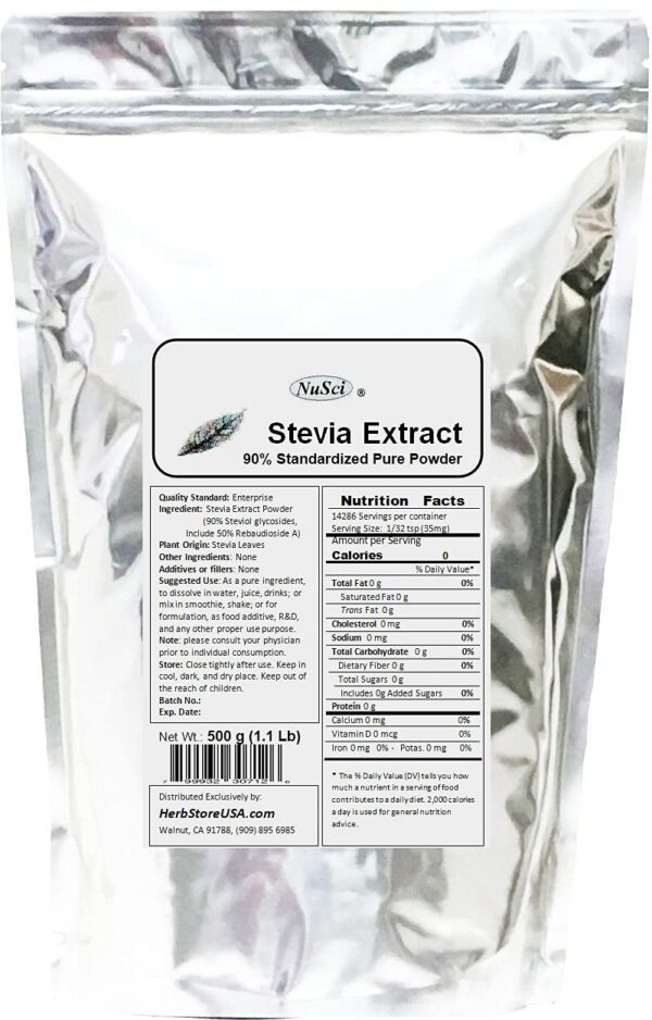 Paquete de polvo de extracto de stevia NuSci 500g endulzante natural
