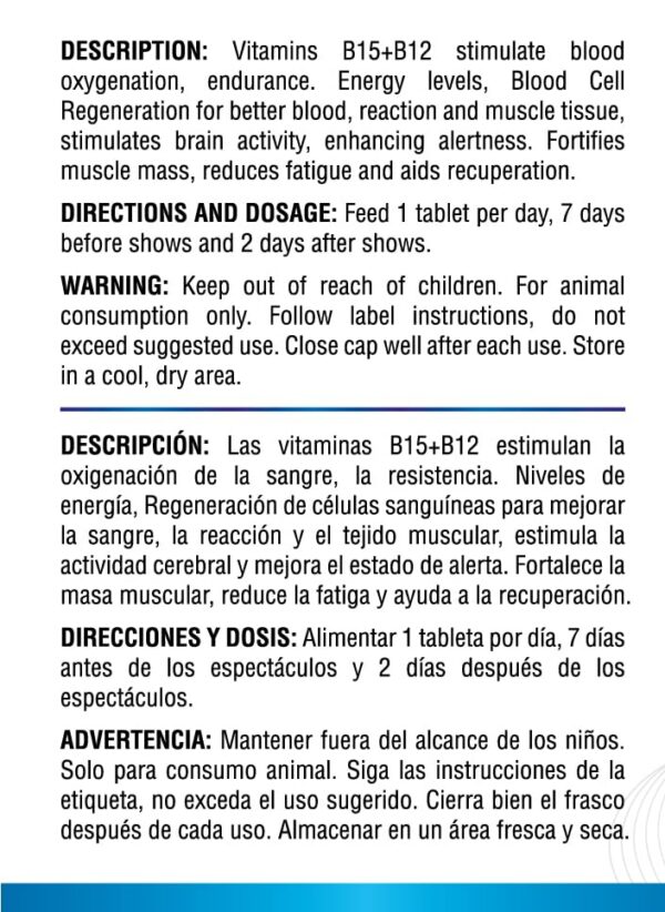 Tabletas Farmalab B12 y B15 para salud y energía en gallos