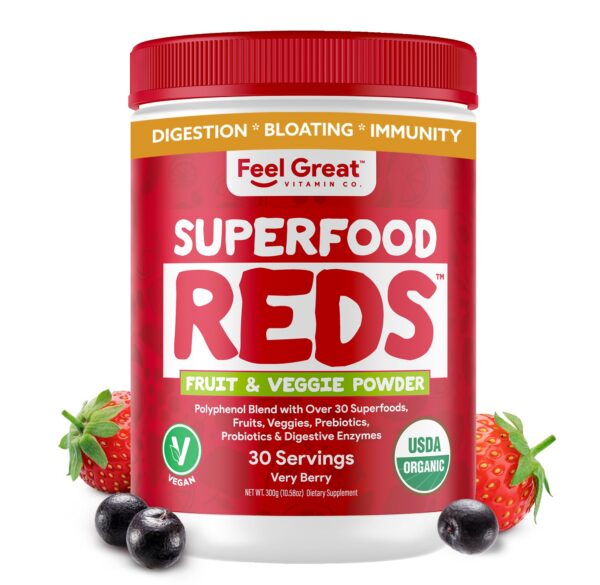 Version 1.0.0 Polvo de Superfood Reds orgánico de Feel Great con raíz de remolacha