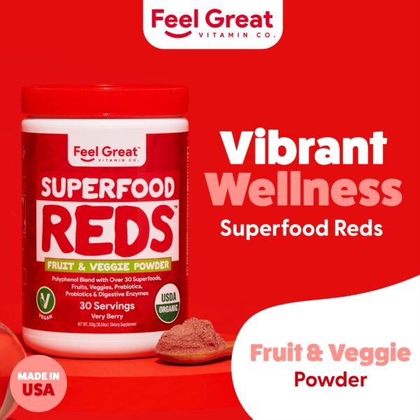 Version 1.0.0 Feel Great Superfood Reds en envase mostrando calidad orgánica