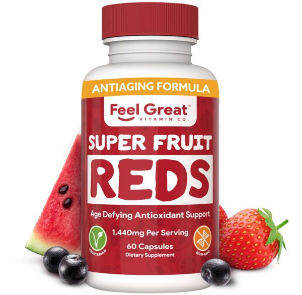 Frasco frontal de Feel Great Vitamins Superfruit Reds