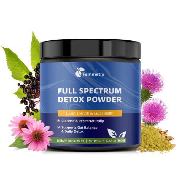 Envase del polvo detox completo Femmetra con limpieza de hígado y colon