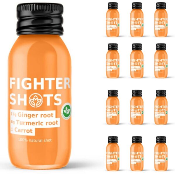 Botellas de Fighter Shots jugo de jengibre, cúrcuma y zanahoria 12 pack 60ml