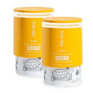 Botella First Day gomitas multivitamínicas naturales para niños sabor fresa y naranja