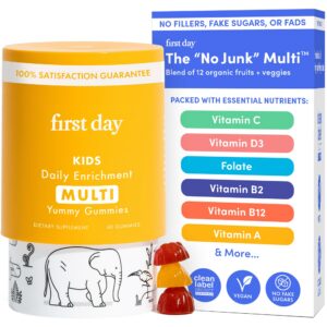Botella First Day gomitas multivitamínicas para niños sabor fresa y naranja 30 días