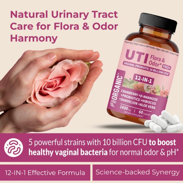 Lado frontal del frasco FirstOrganic UTI Flora & Odor Pro+