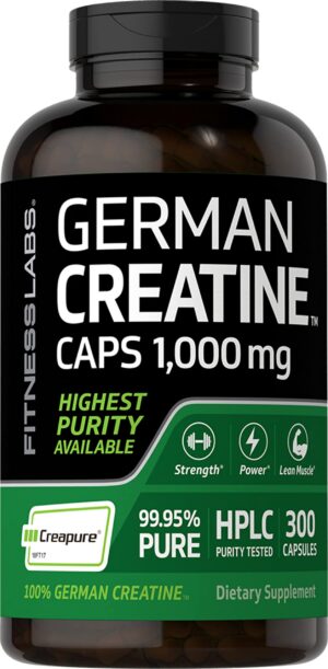 Frasco de creatina alemana Fitness Labs 1000 mg 300 cápsulas