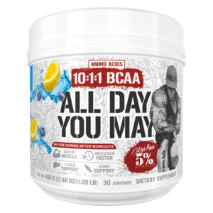 Frente del envase de 5% Nutrition Rich Piana AllDayYouMay BCAA Powder