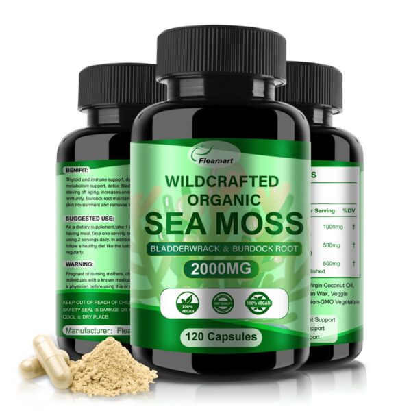 Frente del frasco Fleamart Irish Sea Moss cápsulas
