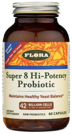 Version 1.0.0 Flora Super 8 probiótico alta potencia salud intestinal 60 cápsulas