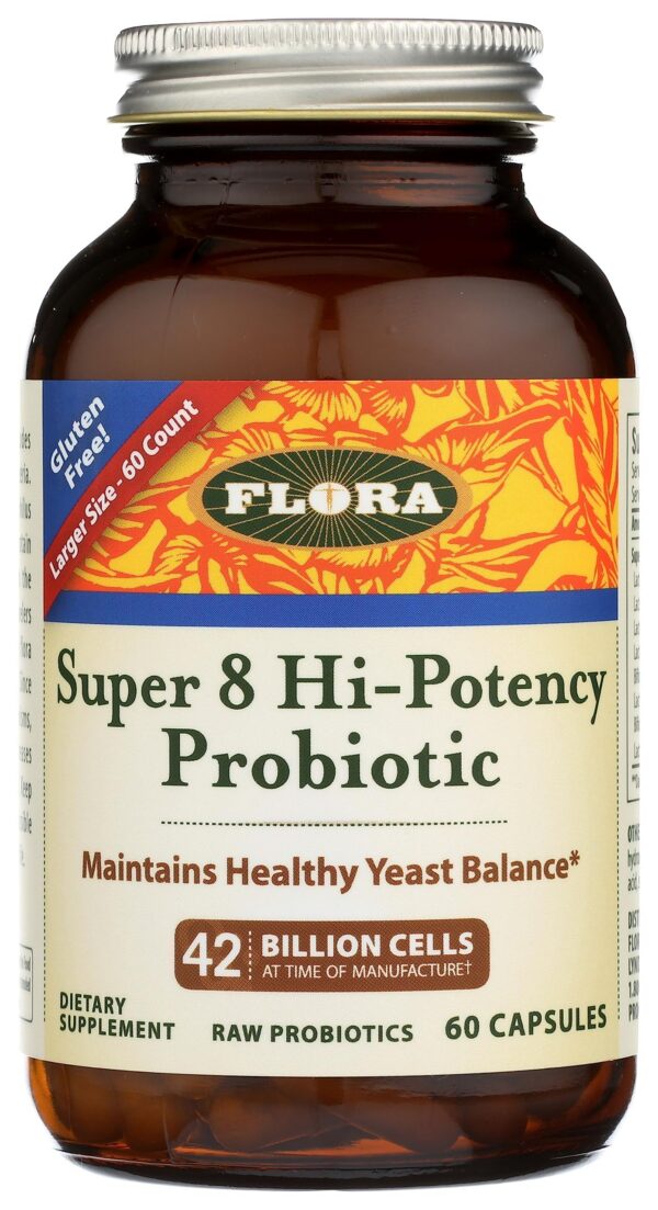 Version 1.0.0 Flora Super 8 probiótico alta potencia salud intestinal 60 cápsulas