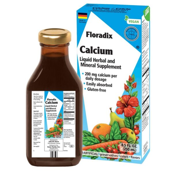 Botella de suplemento líquido Floradix calcio vegano para huesos