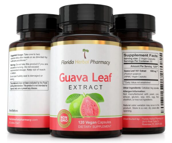 Etiqueta del producto y cápsulas de guayaba