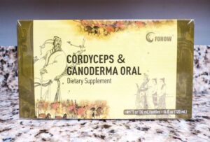 Envase del suplemento Fohow Cordyceps y Ganoderma. Producto natural.