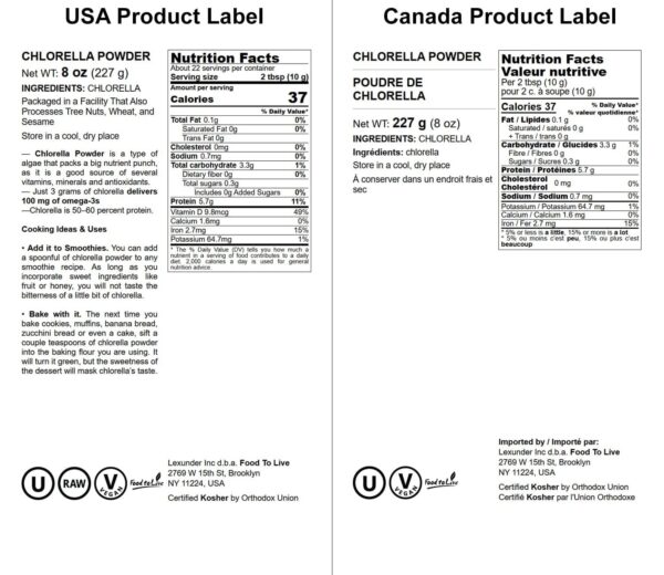 Polvo de chlorella natural Food to Live sobre madera