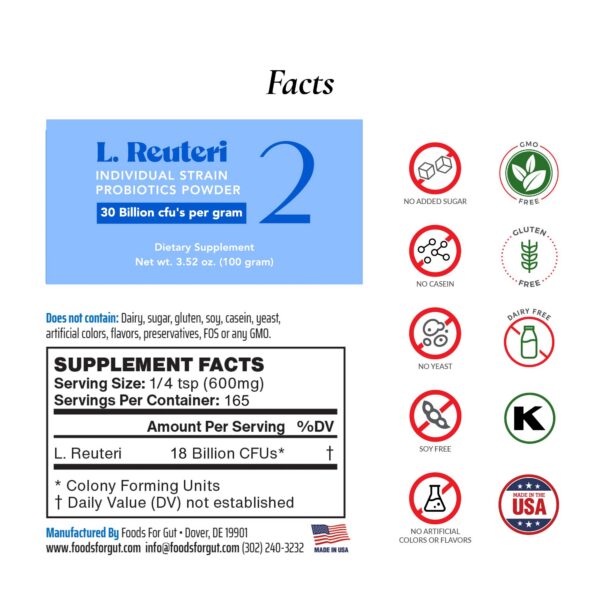 Etiqueta Foods For Gut polvo probiótico lactobacillus reuteri