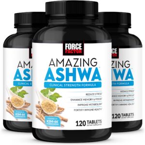 Empaque del suplemento Amazing Ashwa de Force Factor con Ashwagandha