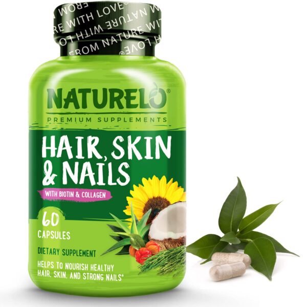 Frasco vitaminas NATURELO cabello piel y uñas biotina colágeno 60 cápsulas