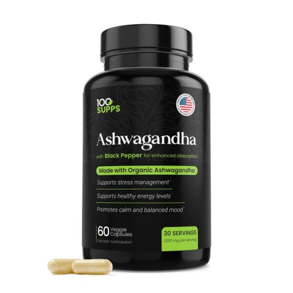 Frasco 100 Supps Ashwagandha 1200mg 60 cápsulas veganas