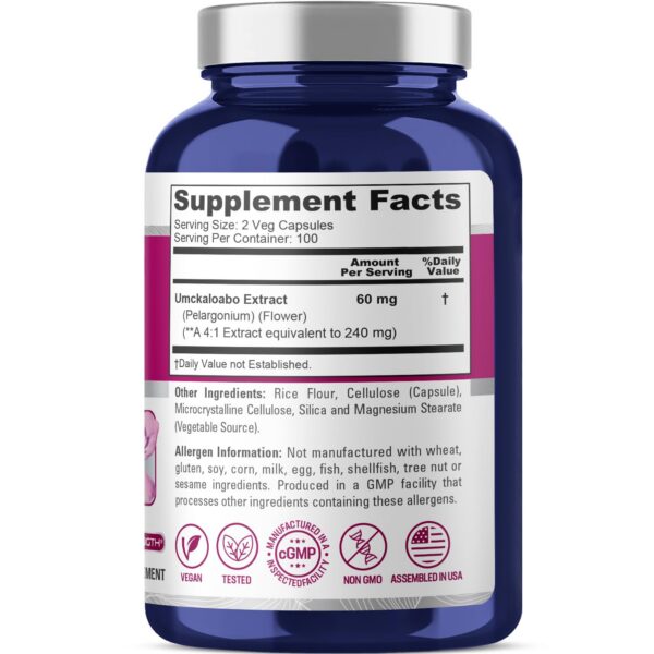 Frasco 200 cápsulas Umckaloabo NusaPure sin OGM vegano