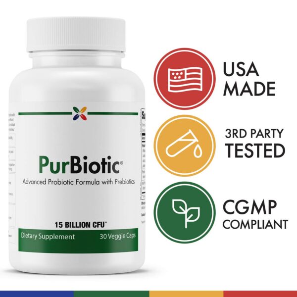 Frasco con 30 cápsulas vegetales PurBiotic para equilibrio intestinal