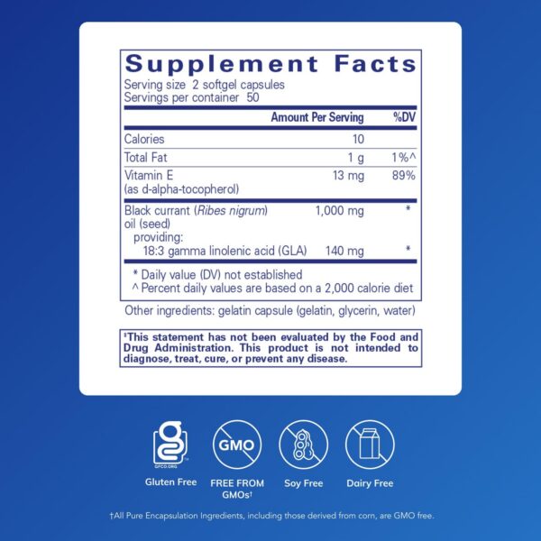Frasco de aceite de grosella negra visto desde el lateral