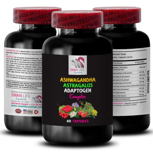 Frascos de suplementos con ashwagandha y rhodiola