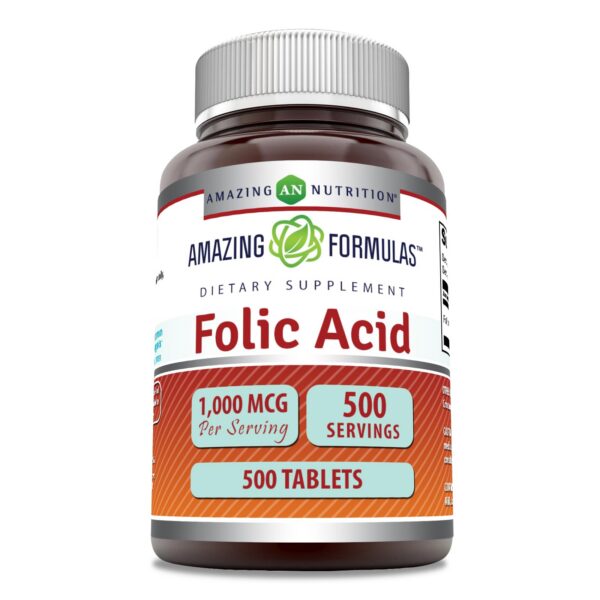 Frasco Amazing Formulas Ácido Fólico 1000 mcg 500 tabletas