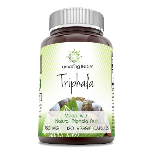 Frasco Amazing India Triphala suplemento 750 mg 120 cápsulas