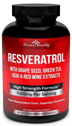 Frasco ámbar oscuro Resveratrol Divine Bounty 1400mg 60 cápsulas vegetales