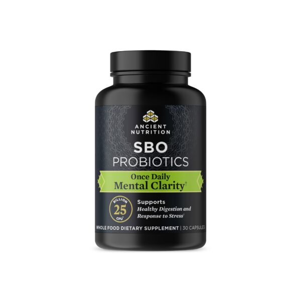 Frasco Ancient Nutrition probióticos para claridad mental 30 cápsulas