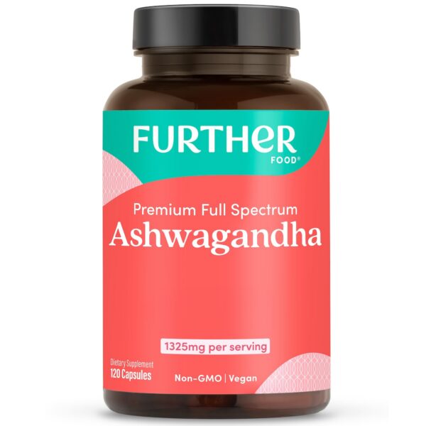 Frasco de Ashwagandha orgánica Further Food 1325mg con 120 cápsulas