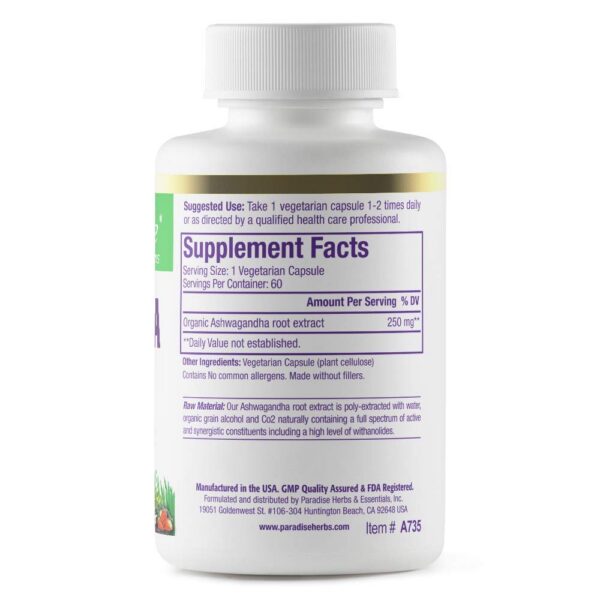 Frasco de Ashwagandha Orgánica Paradise Herbs para bienestar ayurvédico