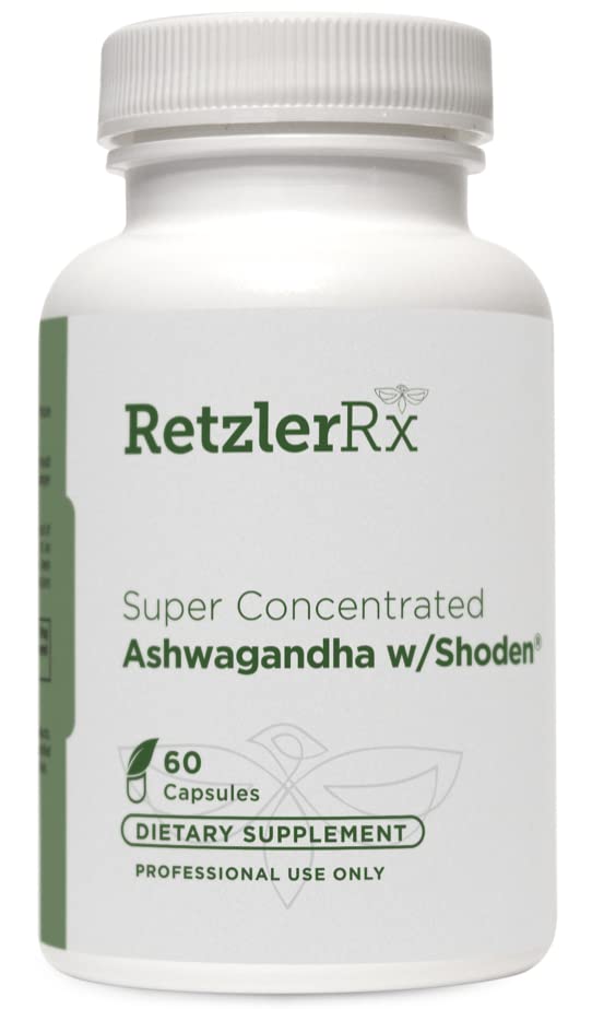 Frasco de Ashwagandha RetzlerRx con Shoden 60 cápsulas