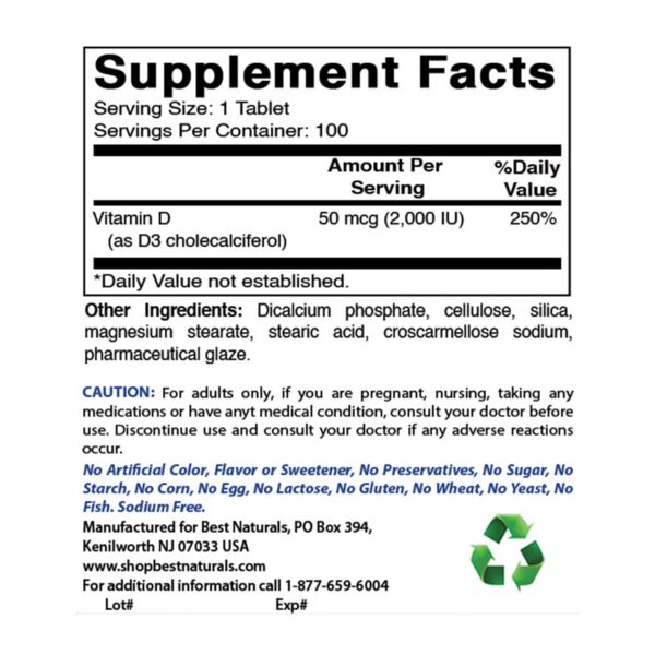 Tabletas vitamina D3 apoya huesos y músculos Best Naturals