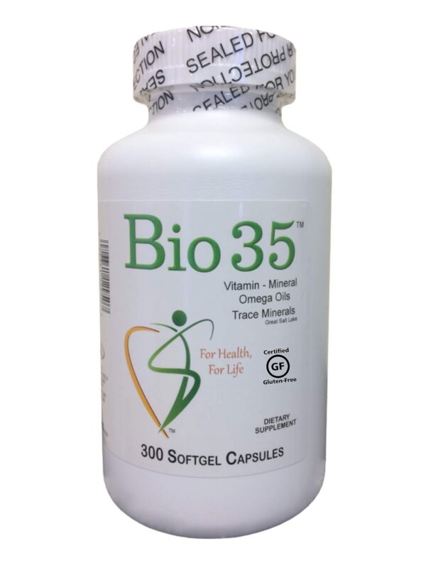 Frasco de Bio35 suplemento nutricional sin gluten 300 cápsulas
