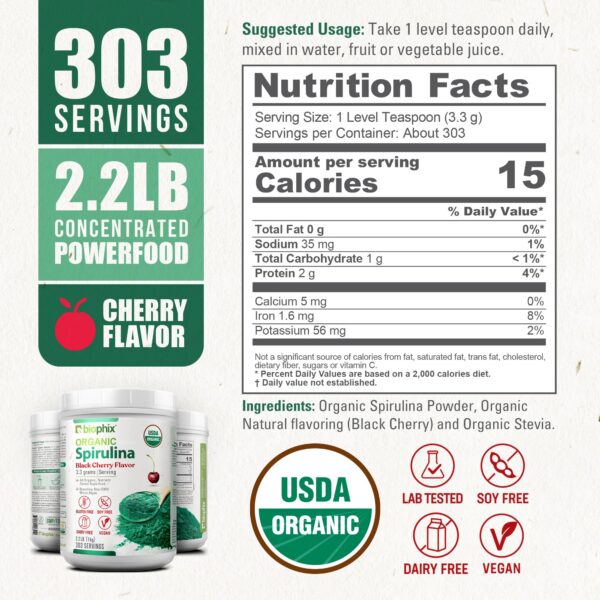 Frasco biophix polvo espirulina con sabor natural a cereza