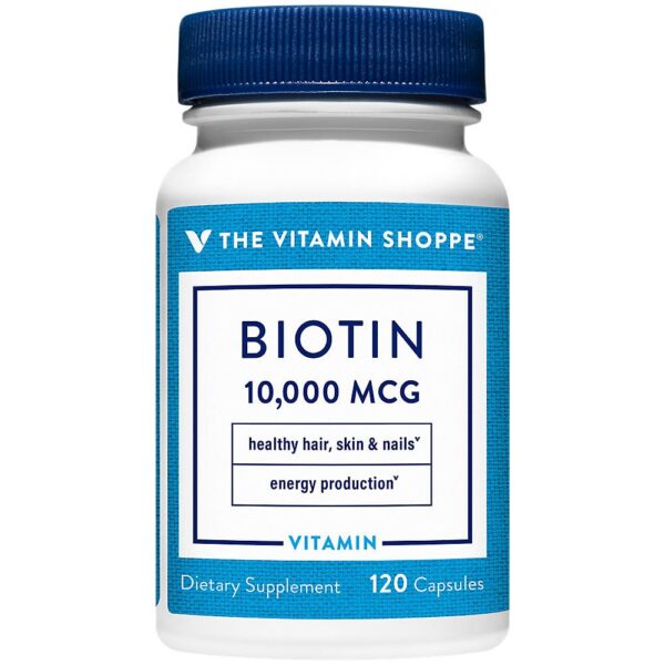 Frasco de Biotina The Vitamin Shoppe para salud capilar