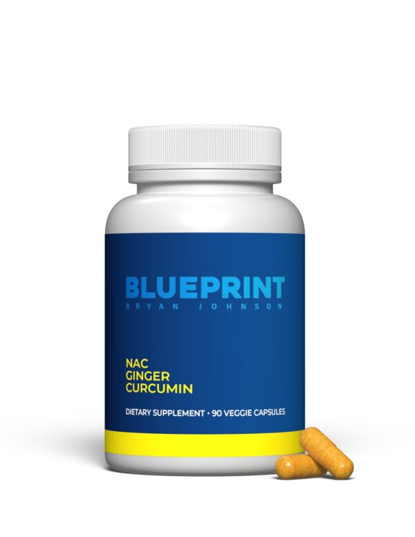 Frasco Blueprint Bryan Johnson NAC suplemento vegano salud