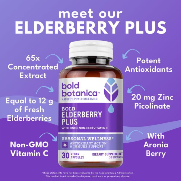 Frasco Bold Botanica Elderberry Plus cápsulas veganas para sistema inmune
