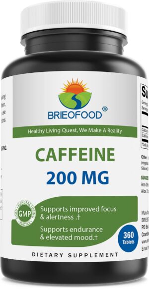 Frasco Brieofood de tabletas de cafeína 200mg 360 unidades